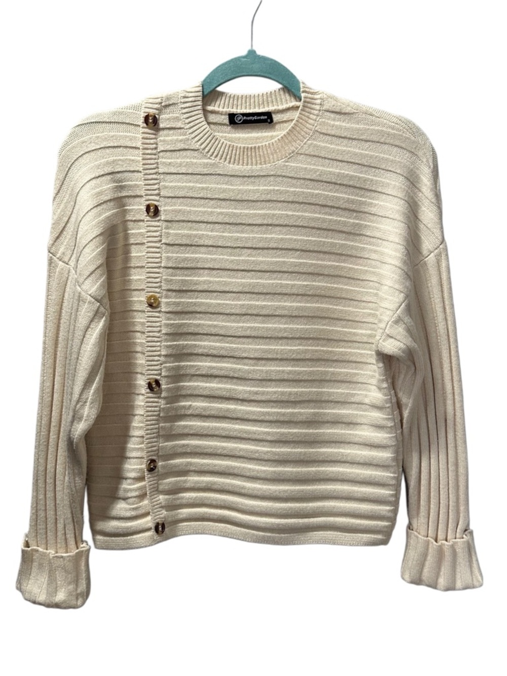 Ribbed Knit Sweater Asymmetrical Button Detail Cream Everyday Work Casual size S